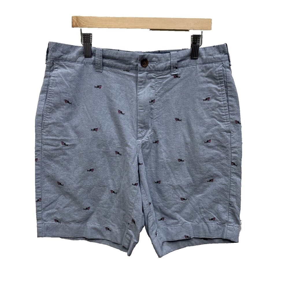 J.Crew Gramercy Shorts Men 31 Blue Shark All Over Print Zip Pockets Cotton Chino
